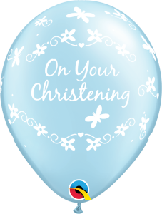 Lateks baloni 28cm Christening Butterflies Pearl Light Blue