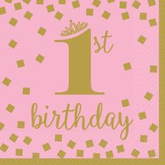 1st Birthday Pink & Gold salvete 33x33 cm