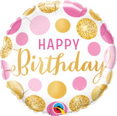Mini Bday Pink & Gold Dots folijski balon na štapiću