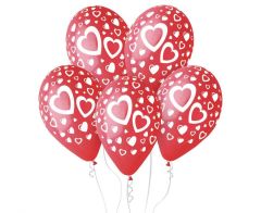 Latex baloni 30 cm White hearts Red