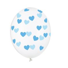 Lateks baloni 30cm Blue Hearts Crystal Clear