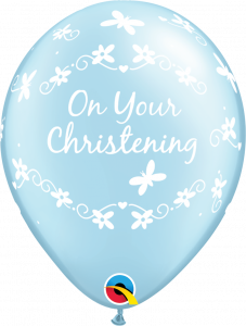 Lateks baloni 28cm Christening Butterflies Pearl Light Blue