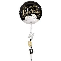 AirWalker Satin Black Silvr Gold Birthday folijski balon