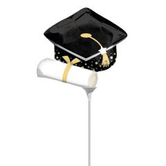 Mini Black Grad Cap & White Diploma  folijski balon na štapšiću