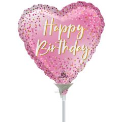 Mini Heart Happy Birthday Dots Pink folijski balon na štapiću